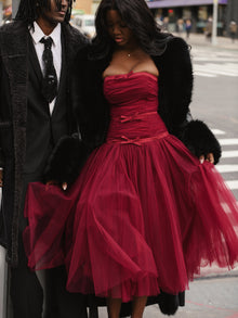 Mabel Drop Waist Layered Mesh Midi Puffy Dress with Bow | Burgundy