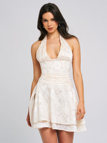 Quintana Jacquard Textured Slit Halter Mini Dress | Beige