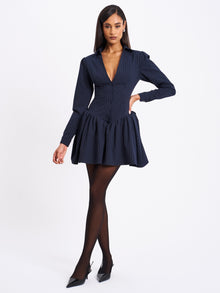 Xabrina Pinstripe Long Sleeve Shirt Mini Dress | Navy Blue