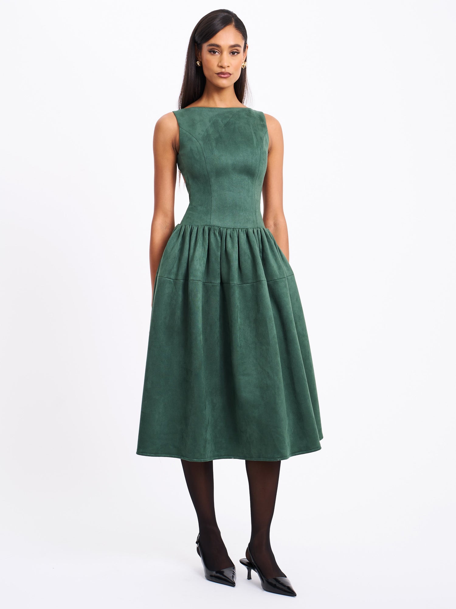 Laila Suede Boat Neck Backless Midi Dress | Green