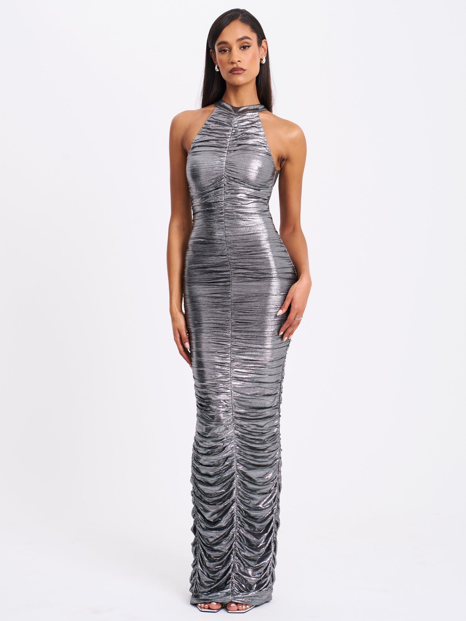 Abril Ruched Glitter Backless Gown | Silver
