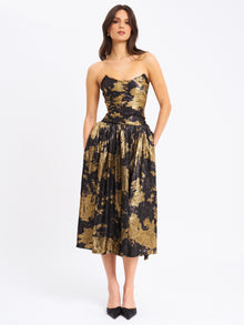 Saanvi Bronzing Strapless Drop Waist Midi Dress | Gold Tie Dye