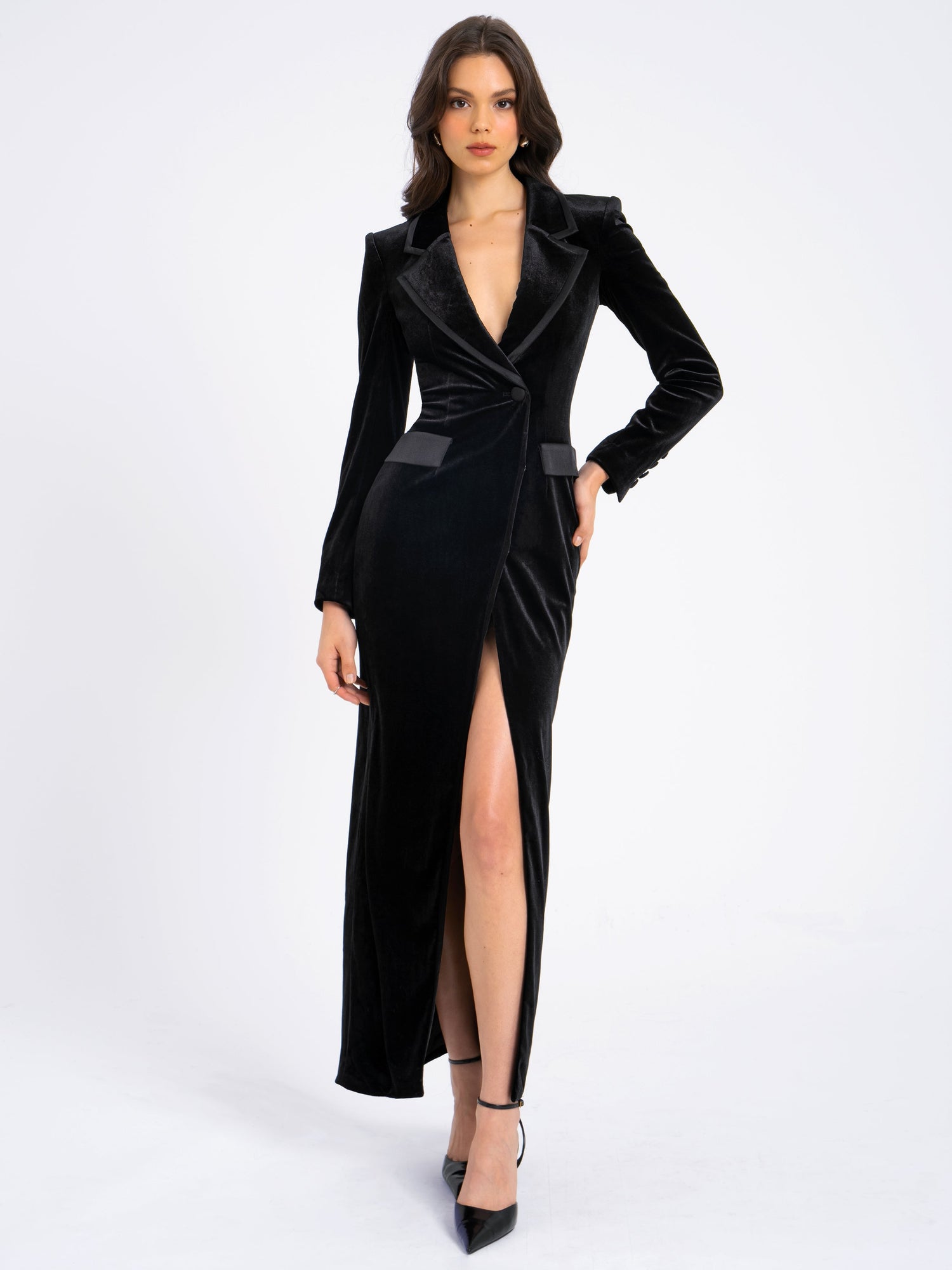 Willow Velvet High Slit Blazer Gown | Black