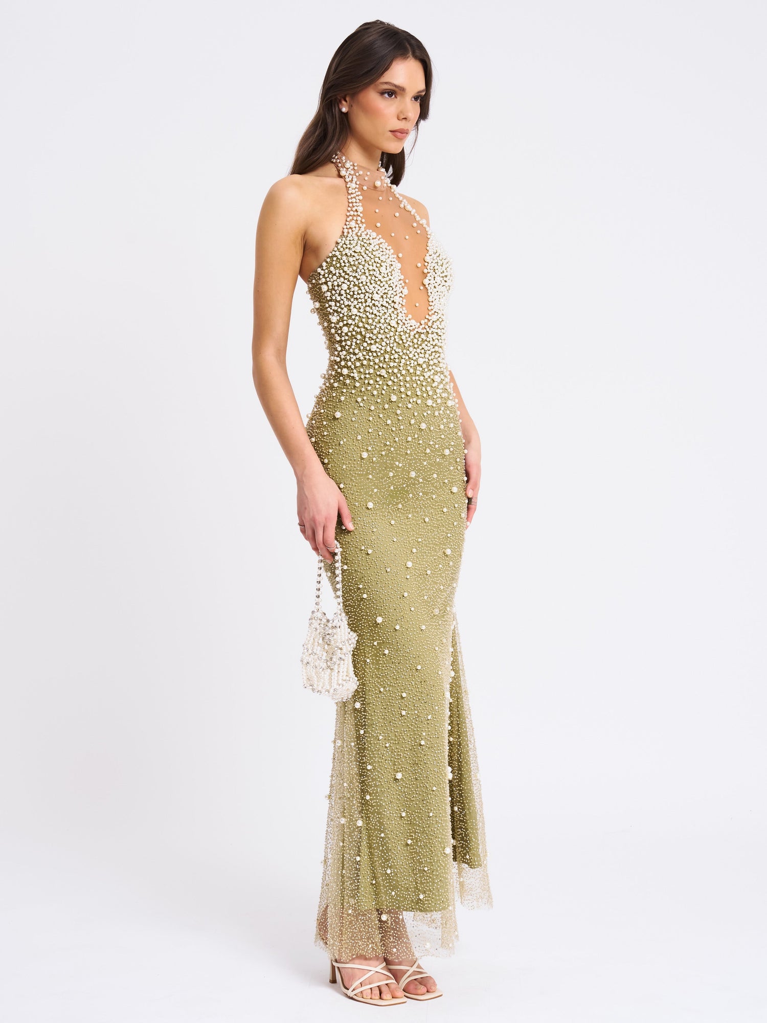BBC Ginny Pearl Embellished Backless Gown | Pear Green