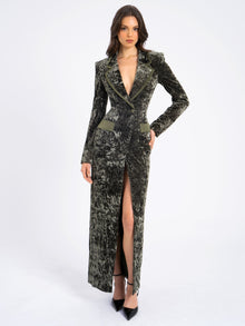 Willow Glossy Velvet High Slit Blazer Gown | Green