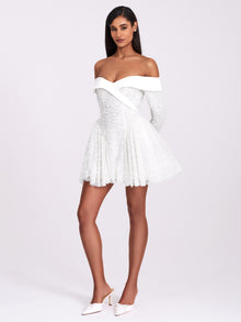 Kira Bead Embroidered Mesh Off Shoulder Long Sleeve Mini Dress | White