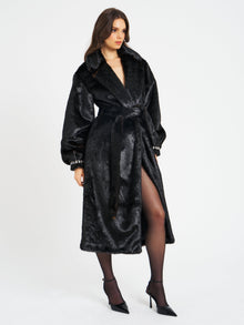 Yahia Vegan Long Faux Mink Coat | Black