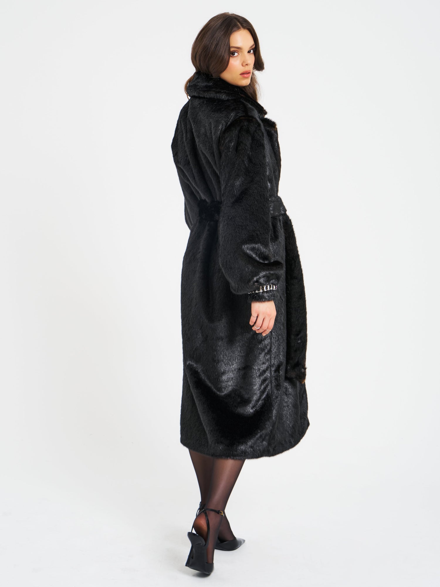 Yahia Vegan Long Faux Mink Coat | Black