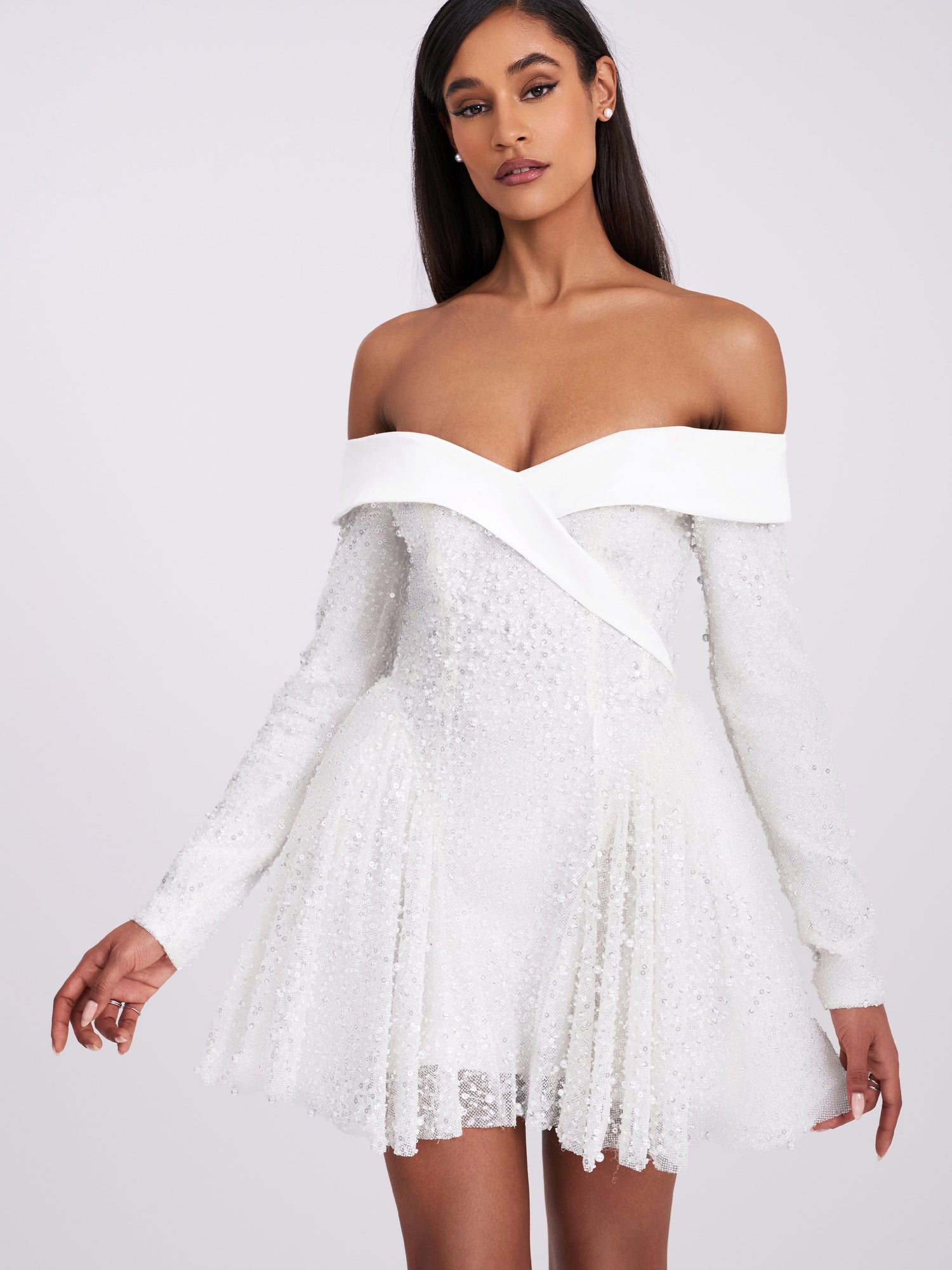 Kira Bead Embroidered Mesh Off Shoulder Long Sleeve Mini Dress | White
