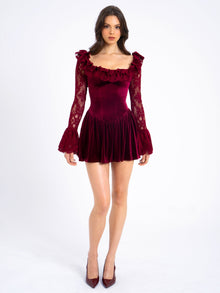 Yachira Velvet Lace Flare Sleeve Mini Dress | Burgundy