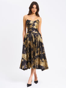 Saanvi Bronzing Strapless Drop Waist Midi Dress | Gold Tie Dye