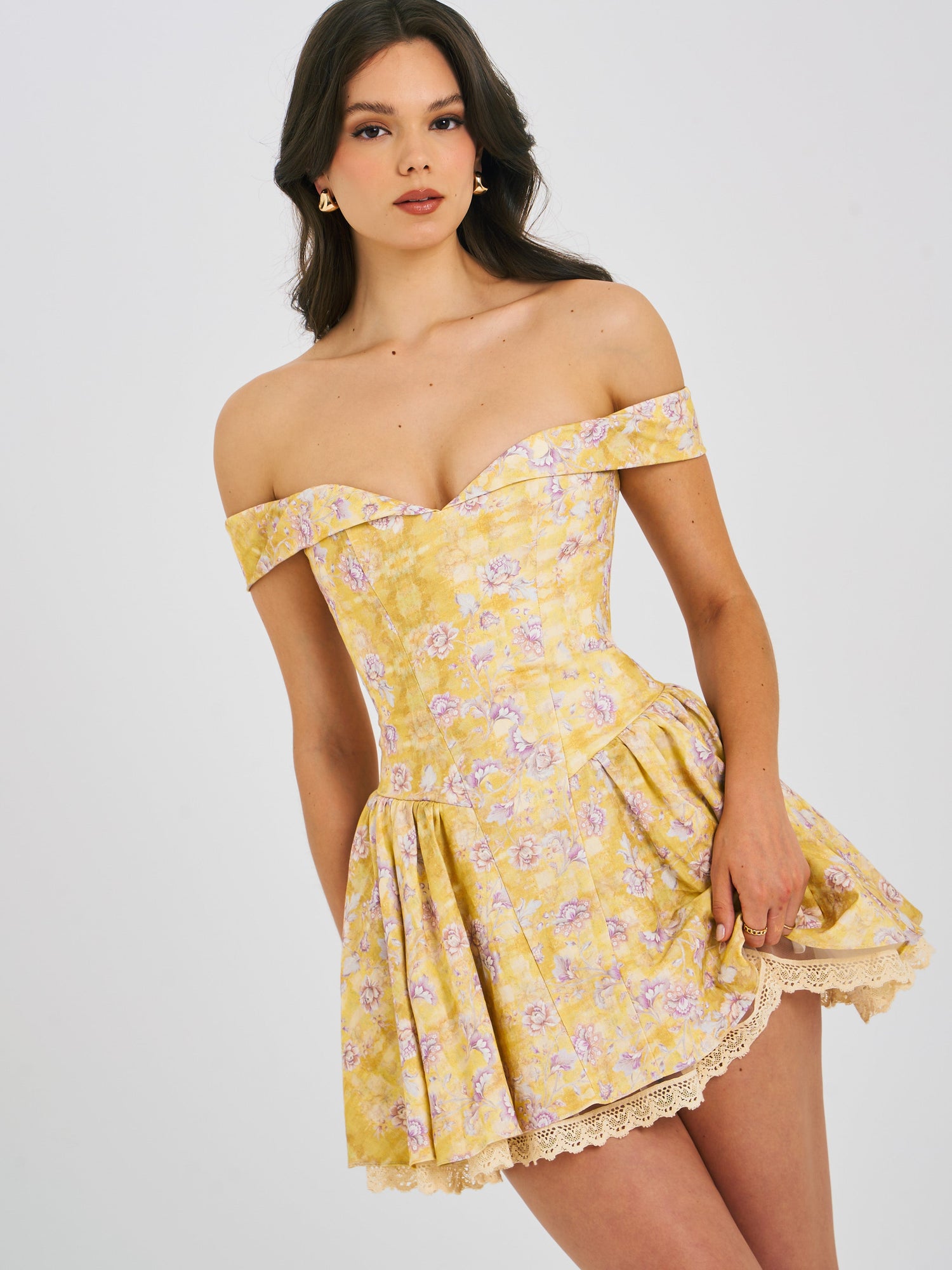 Oana Linen Collared Off Shoulder Mini Dress | Floral Print