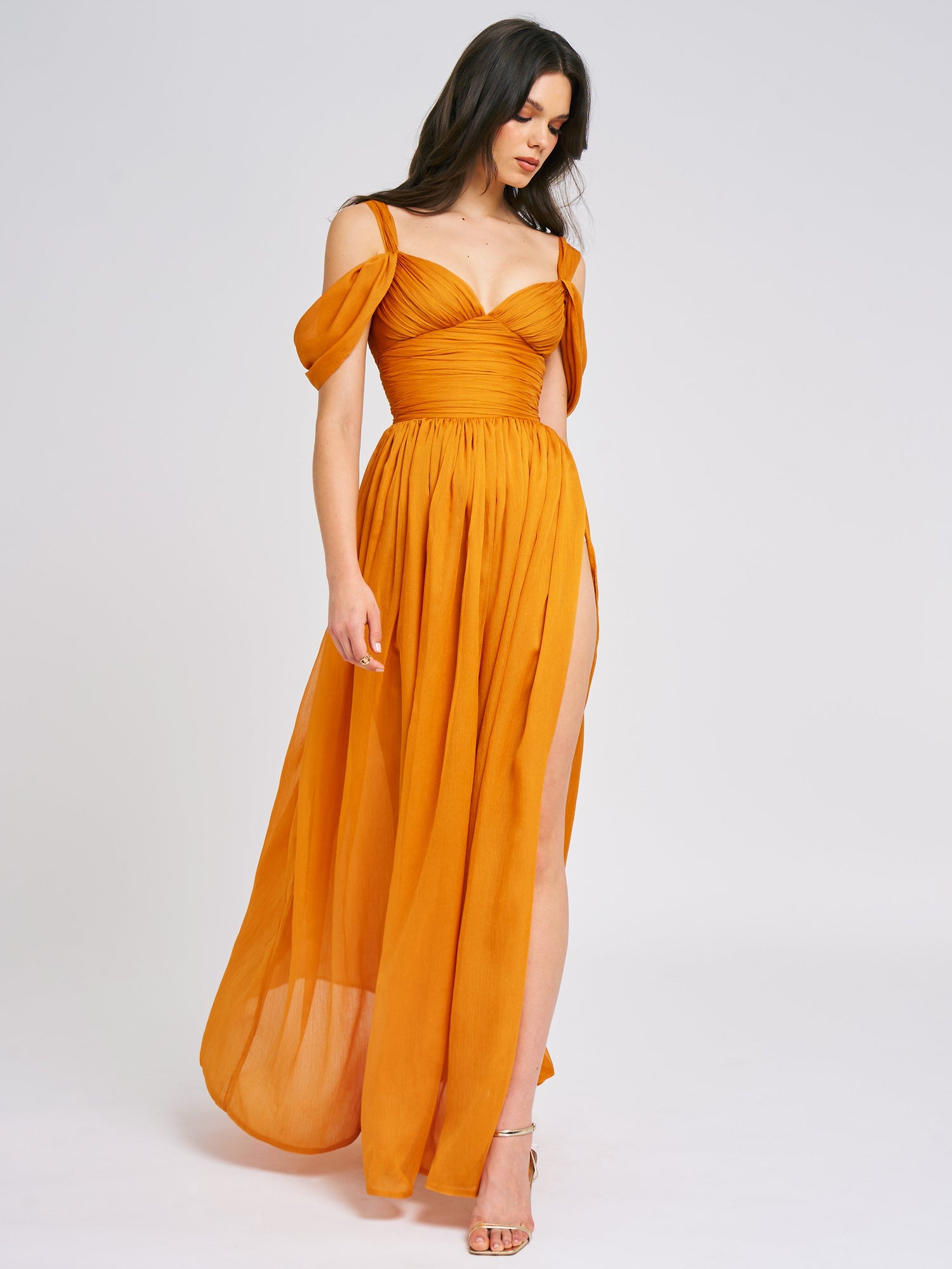 Jelani Layered Mesh High-Slit Drape Maxi Dress | Vibrant Orange