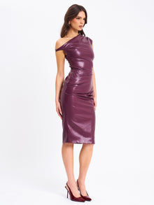 Sabina Leather Slash Neck Midi Dress | Purple