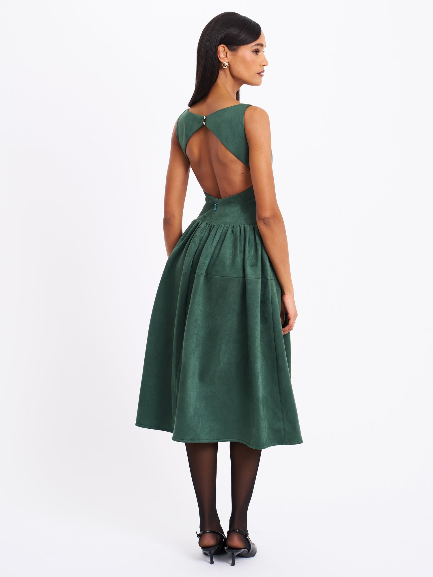 Laila Suede Boat Neck Backless Midi Dress | Green