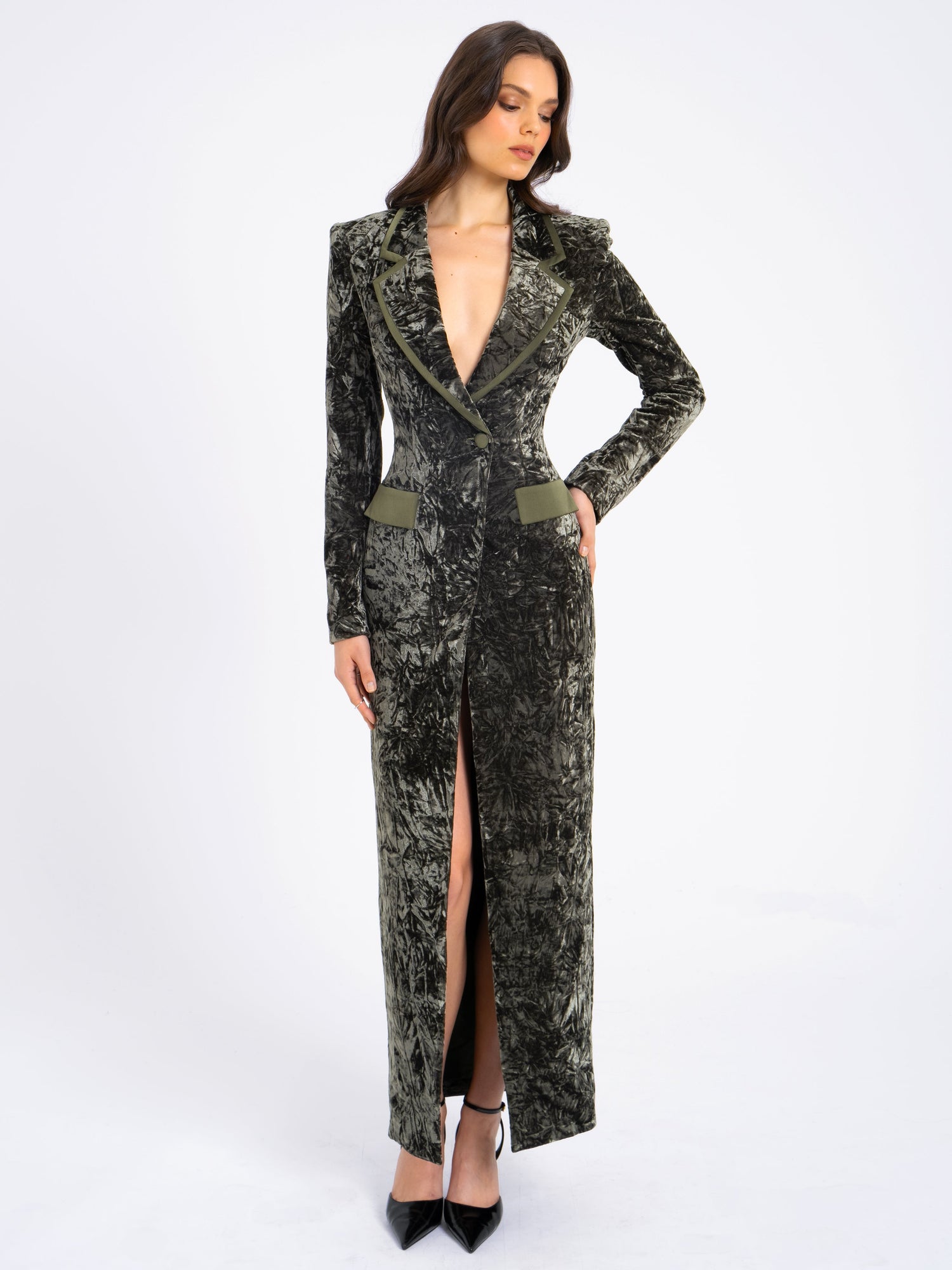 Willow Glossy Velvet High Slit Blazer Gown | Green