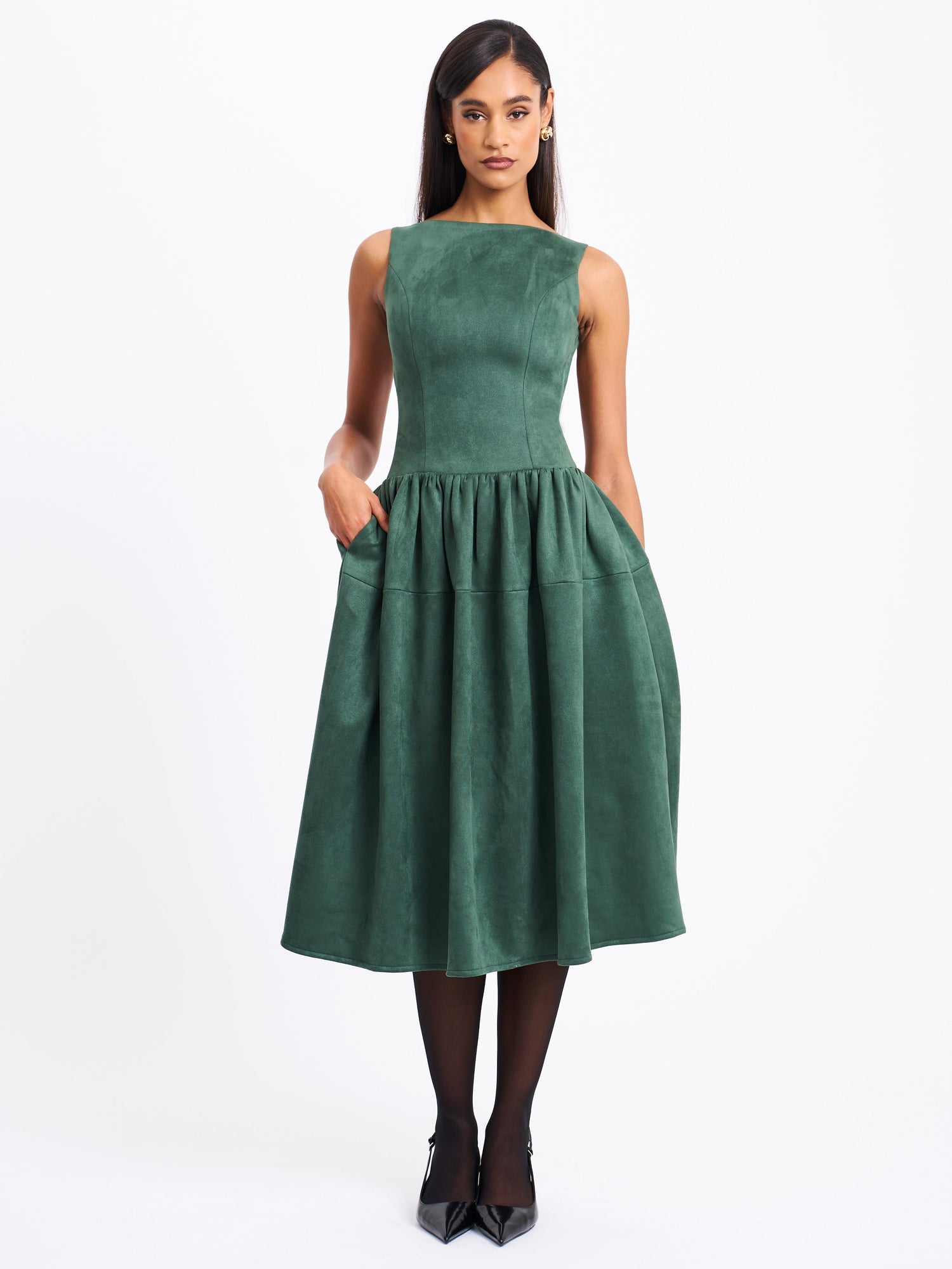 Laila Suede Boat Neck Backless Midi Dress | Green