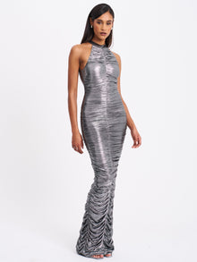Abril Ruched Glitter Backless Gown | Silver
