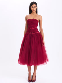 Mabel Drop Waist Layered Mesh Midi Puffy Dress with Bow | Burgundy