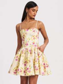 Valda Linen Mini Dress with Pockets | Yellow and Pink Print