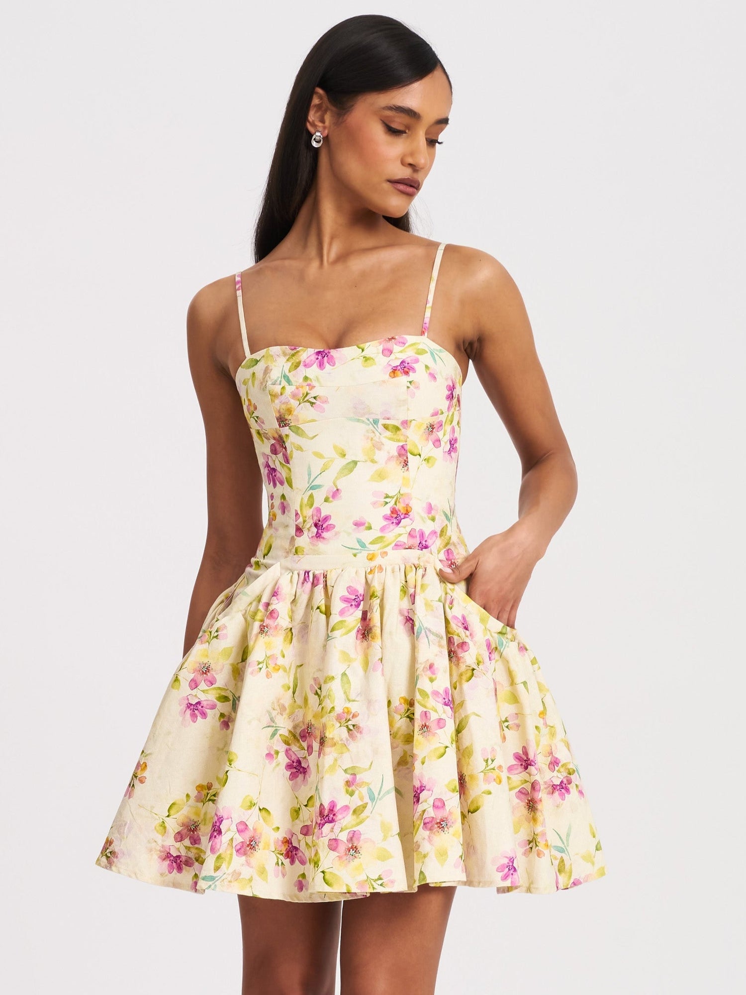 Valda Linen Mini Dress with Pockets | Yellow and Pink Print