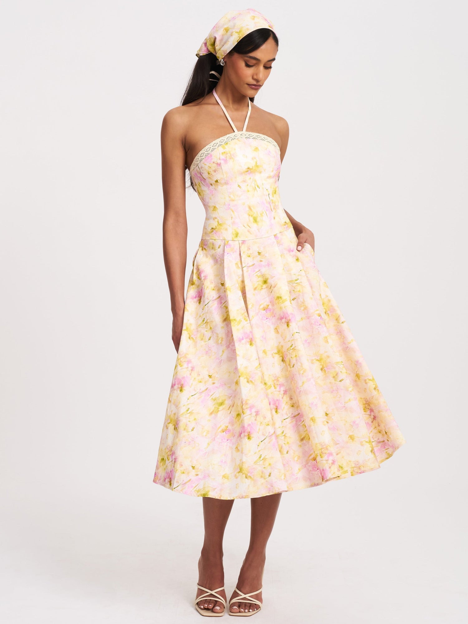 Zaina Floral Print Lace Trim Linen Midi Dress | Yellow and Pink