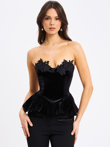 Qiara Velvet Peplum Top with Lace Trim | Black
