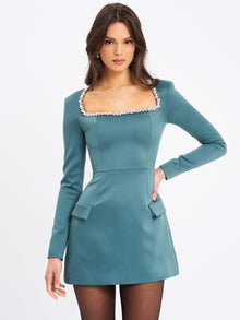 Gabella Long Sleeve A-line Mini Dress with Crystal Trim | Dark Green