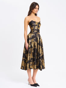 Saanvi Bronzing Strapless Drop Waist Midi Dress | Gold Tie Dye