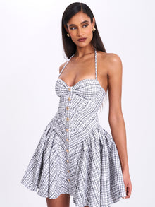 Melody Plaid Tweed Halter Drop Waist Mini Dress | Black and White