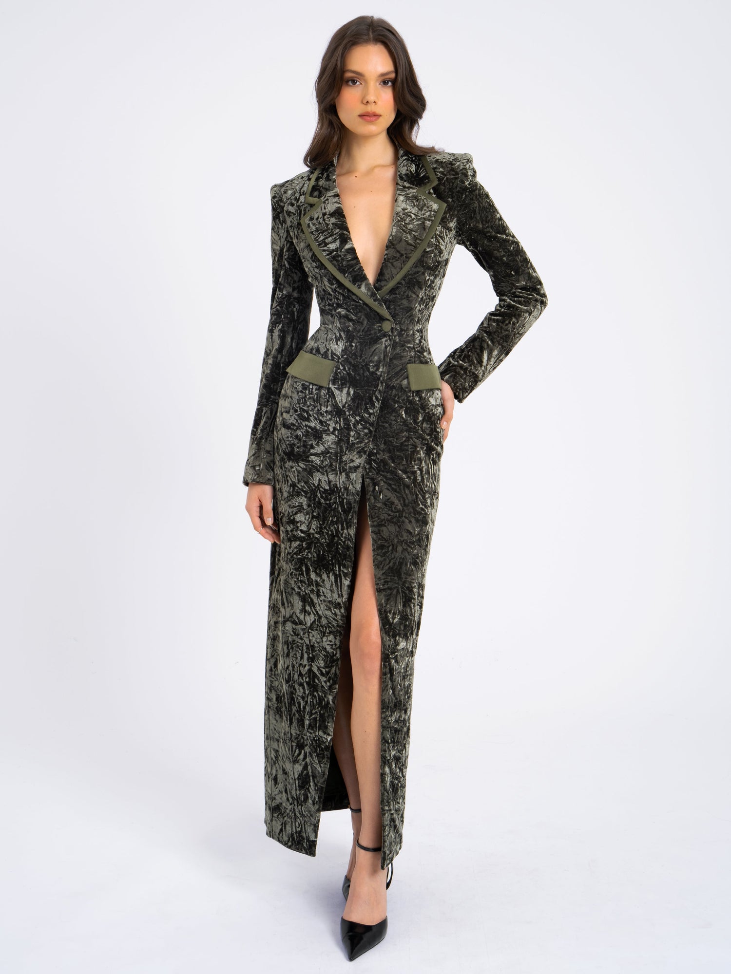 Willow Glossy Velvet High Slit Blazer Gown | Green