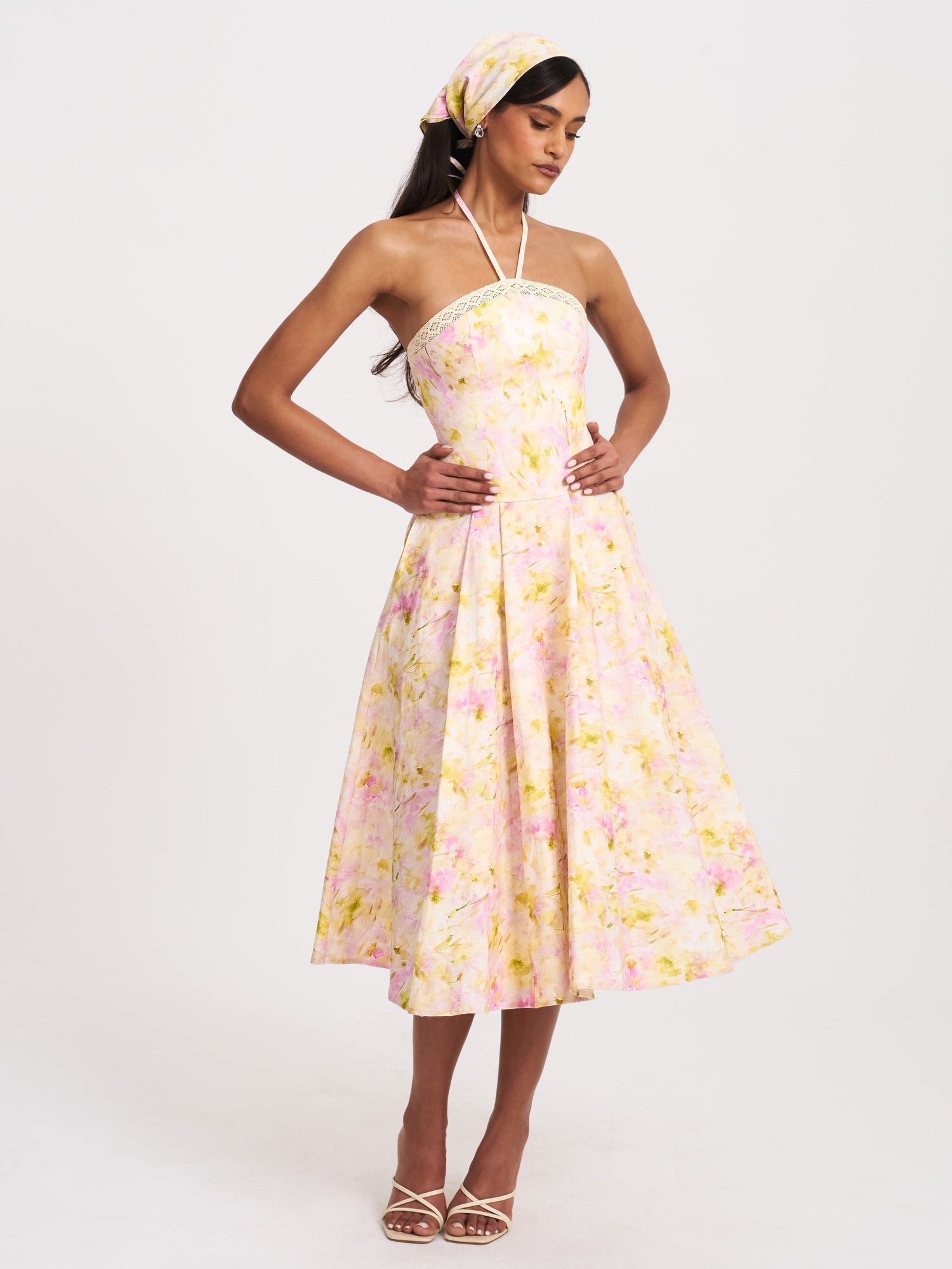 Zaina Floral Print Lace Trim Linen Midi Dress | Yellow and Pink