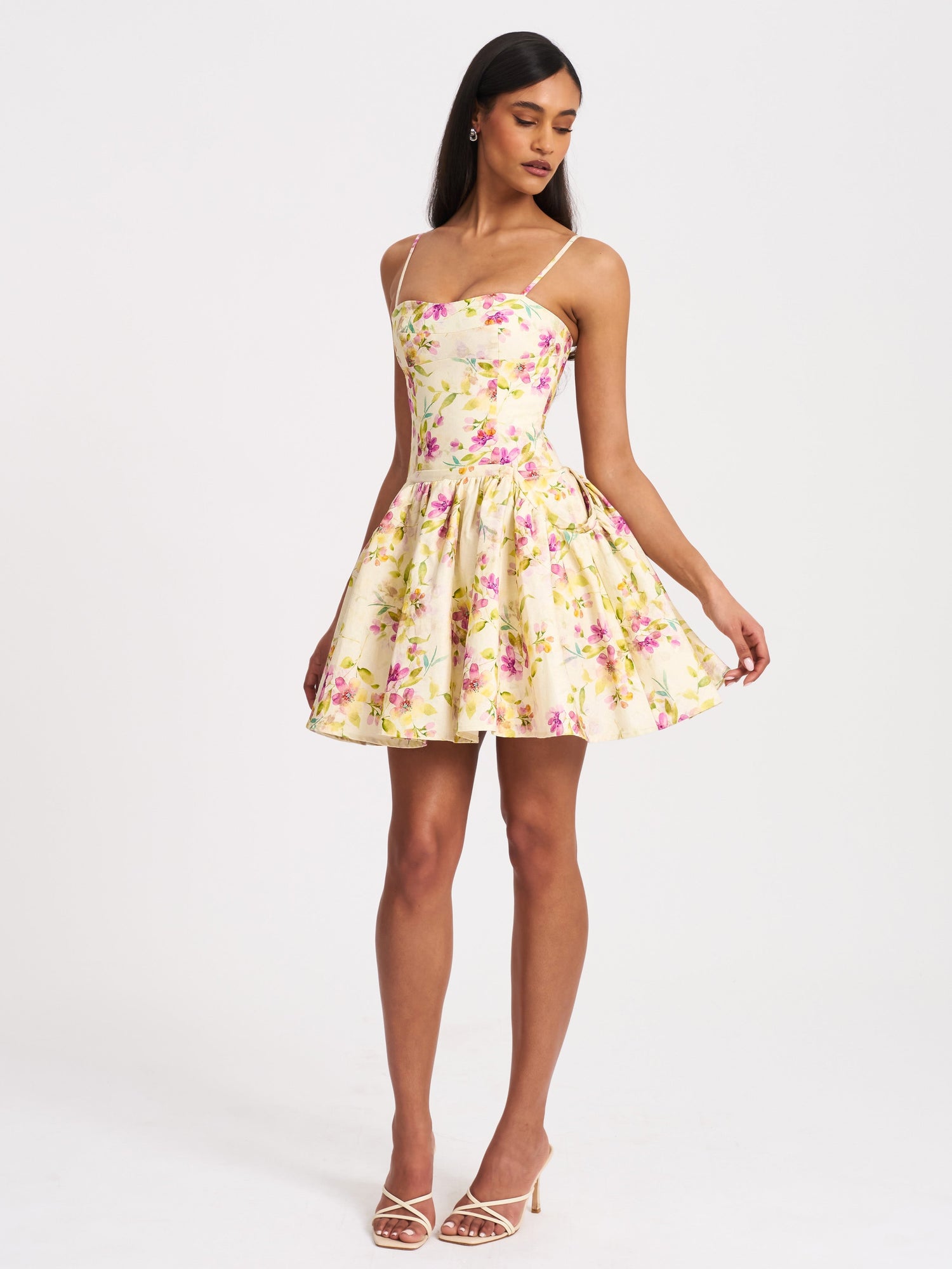 Valda Linen Mini Dress with Pockets | Yellow and Pink Print