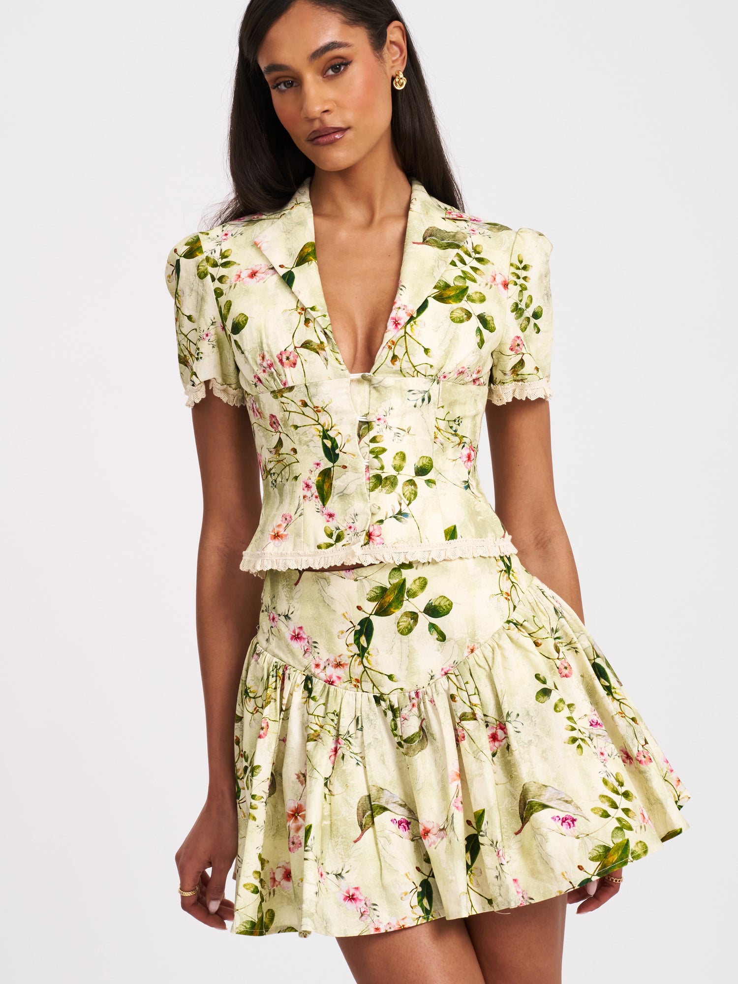 Zanelle Floral Print Drop Waist Linen Full Skirt | Green