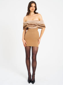 Nadira Off Shoulder Fur Trim Mini Dress | Beige