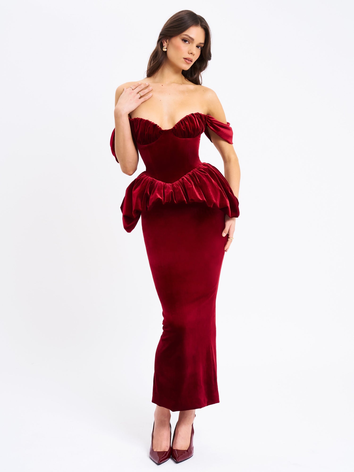 Abigail Velvet Off Shoulder Bubble Hem Peplum Maxi Dress | Burgundy