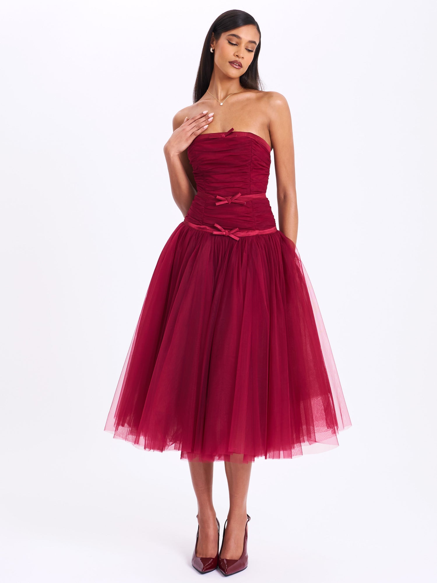 Mabel Drop Waist Layered Mesh Midi Puffy Dress with Bow | Burgundy