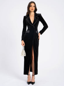 Willow Velvet High Slit Blazer Gown | Black