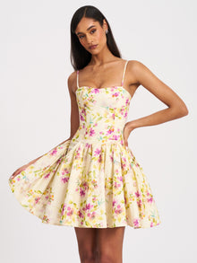 Valda Linen Mini Dress with Pockets | Yellow and Pink Print