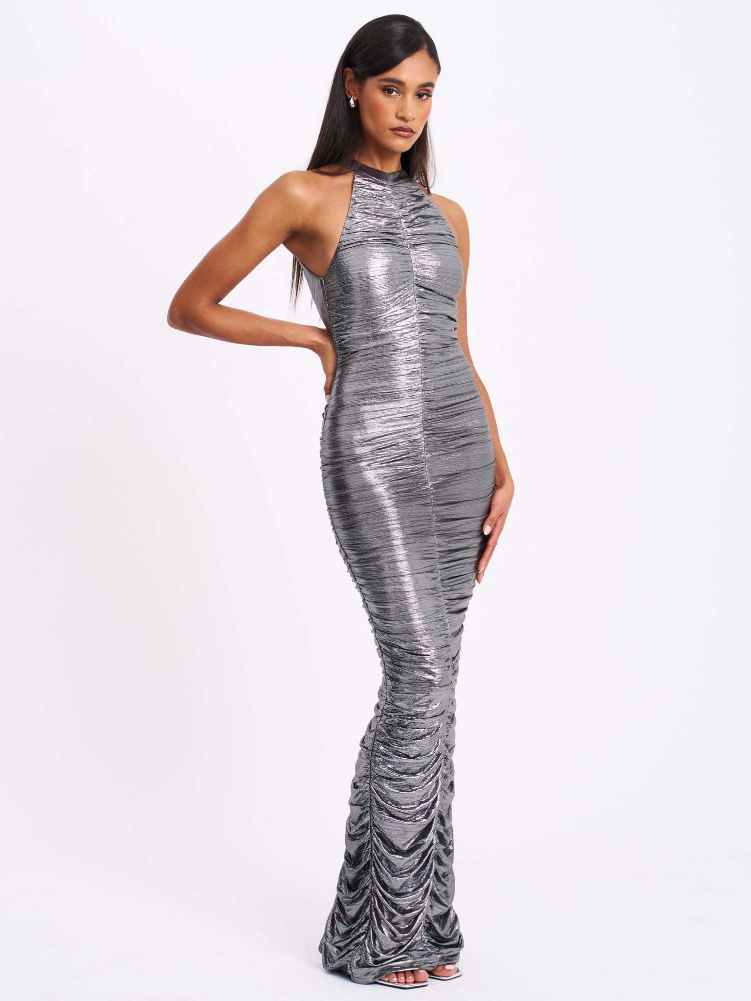 Abril Ruched Glitter Backless Gown | Silver