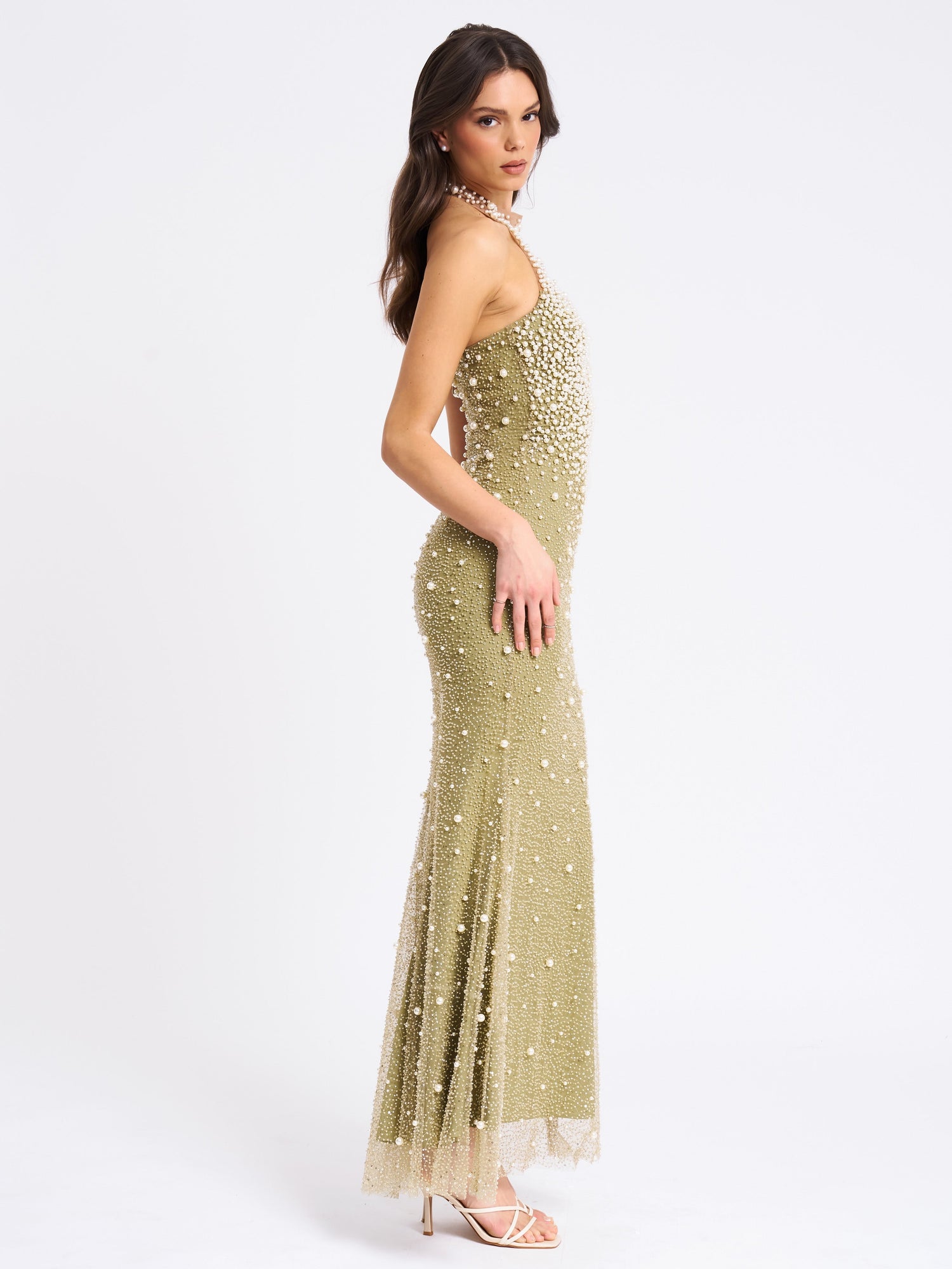 BBC Ginny Pearl Embellished Backless Gown | Pear Green