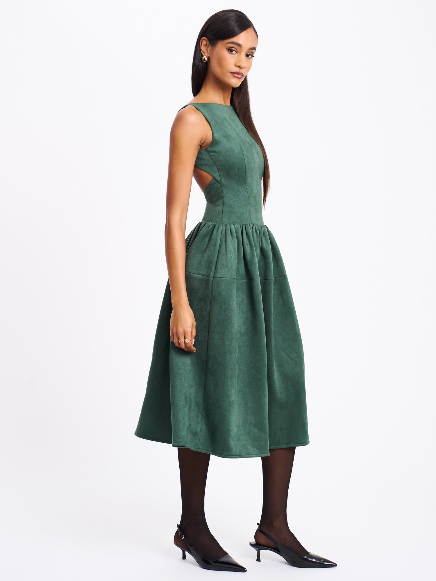 Laila Suede Boat Neck Backless Midi Dress | Green