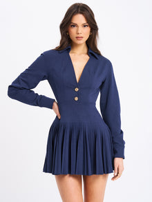Valarie Denim Style Pleated Mini Dress | Navy Blue