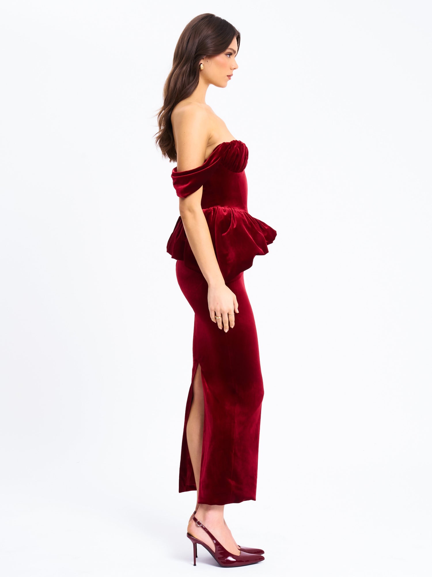 Abigail Velvet Off Shoulder Bubble Hem Peplum Maxi Dress | Burgundy