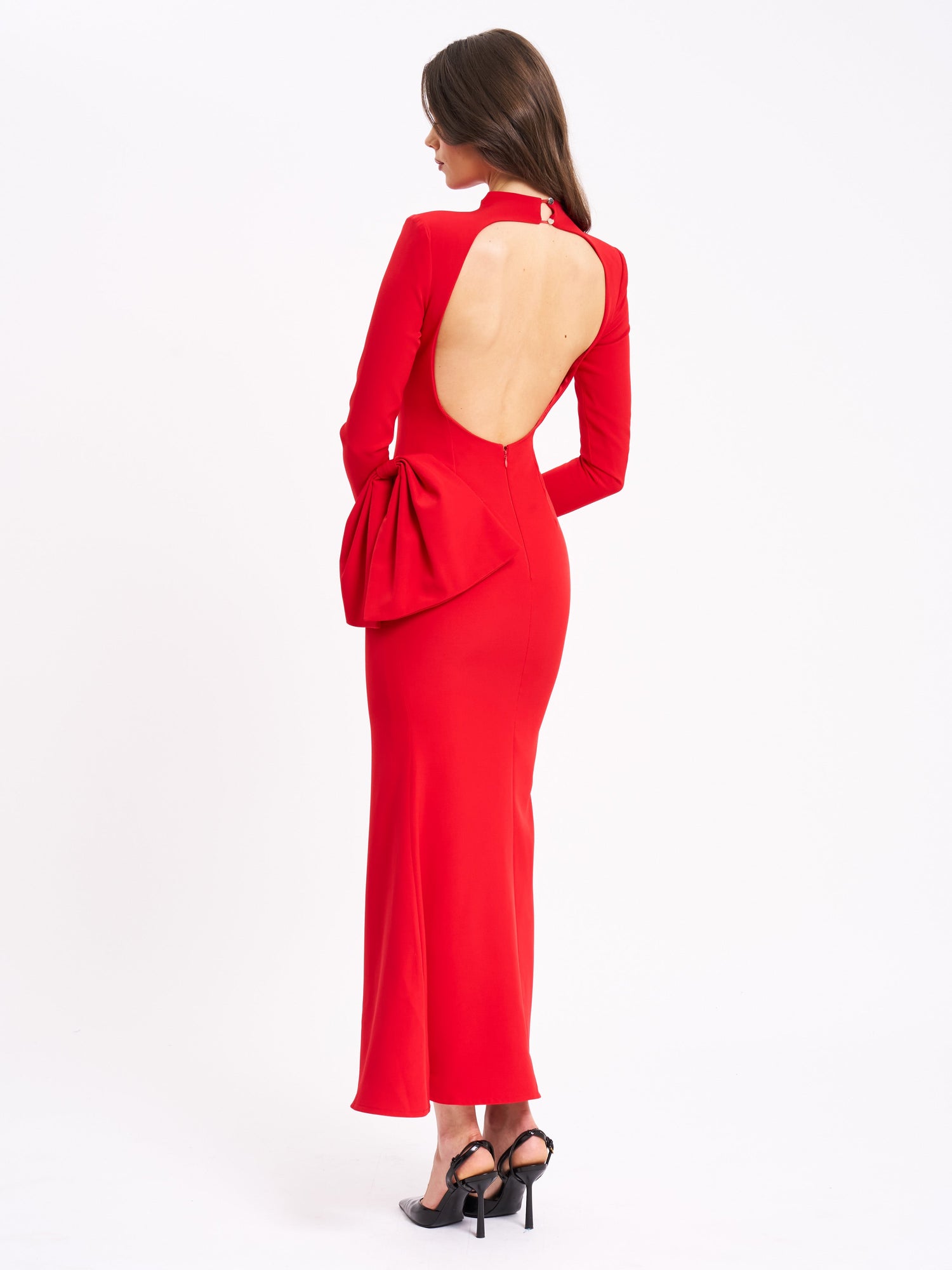 Radha Backless Longsleeve Maxi Dress with Bow | Red