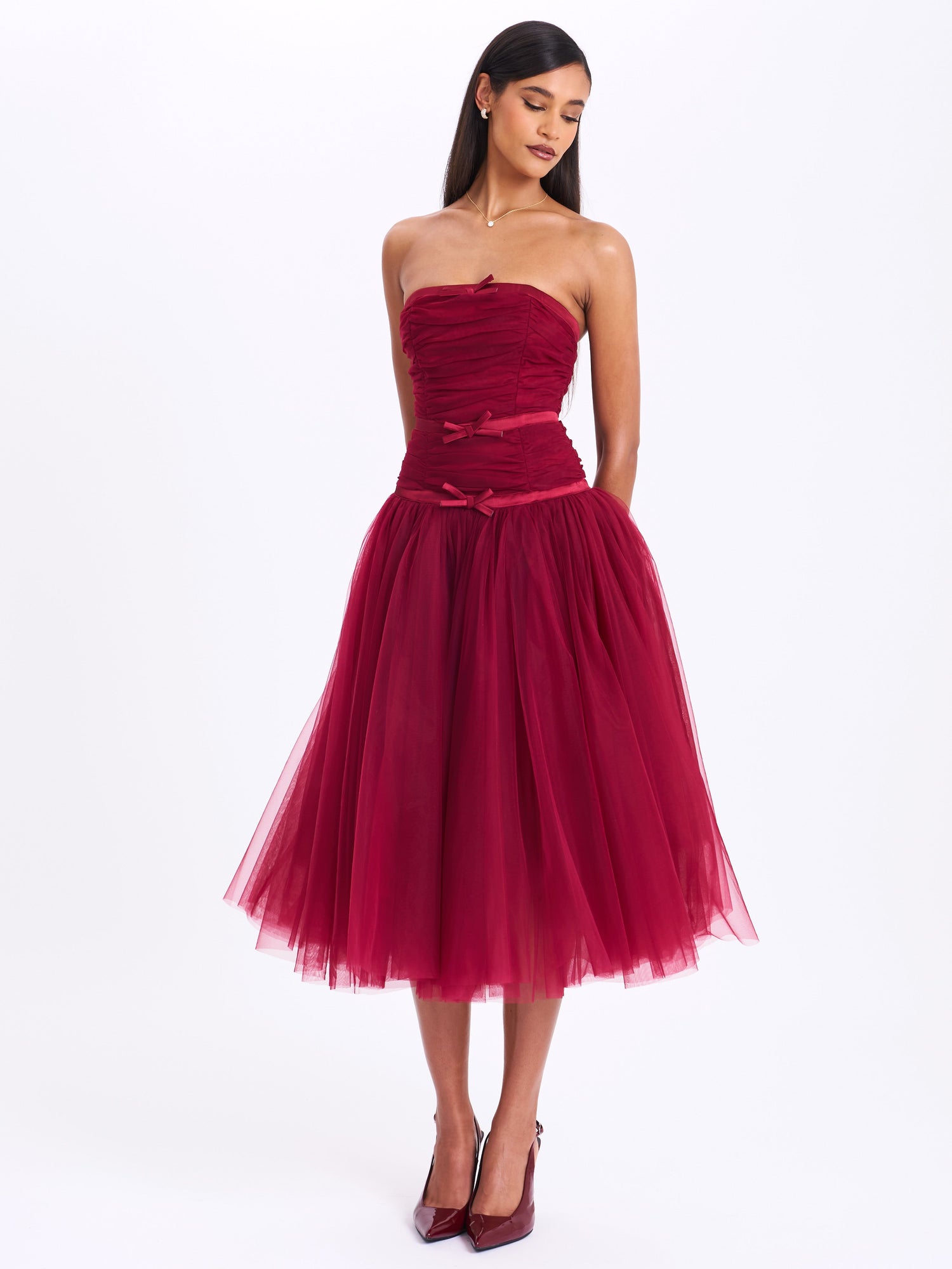 Mabel Drop Waist Layered Mesh Midi Puffy Dress with Bow | Burgundy