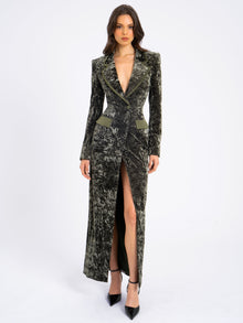 Willow Glossy Velvet High Slit Blazer Gown | Green