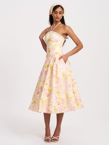 Zaina Floral Print Lace Trim Linen Midi Dress | Yellow and Pink