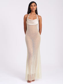 Zahya Halter Backless Beaded Mesh Gown | Lime