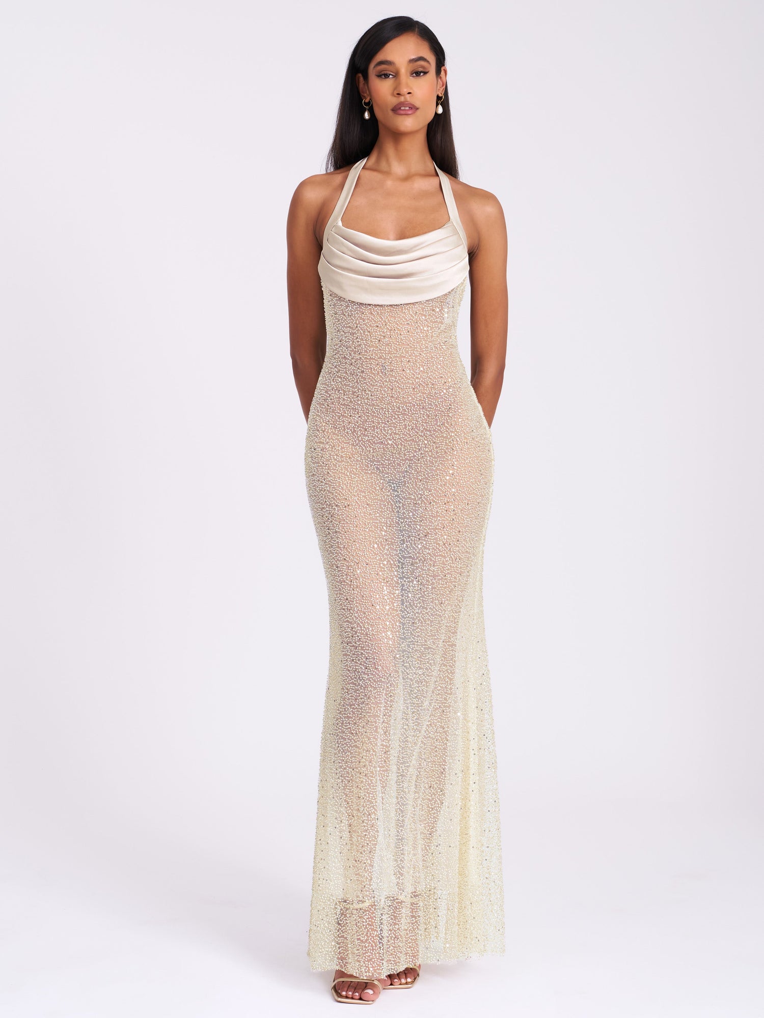 Zahya Halter Backless Beaded Mesh Gown | Lime